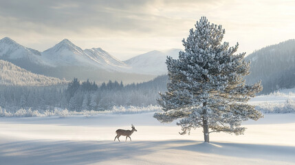 Serene snow-covered landscape, mother deer walks beside a solitary pine tree with mountains in the distance