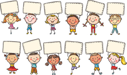 Set of cartoon happy kids holding blank signs, banners or blank papera