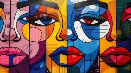 Abstract mural painting of four colorful faces with geometric patterns.