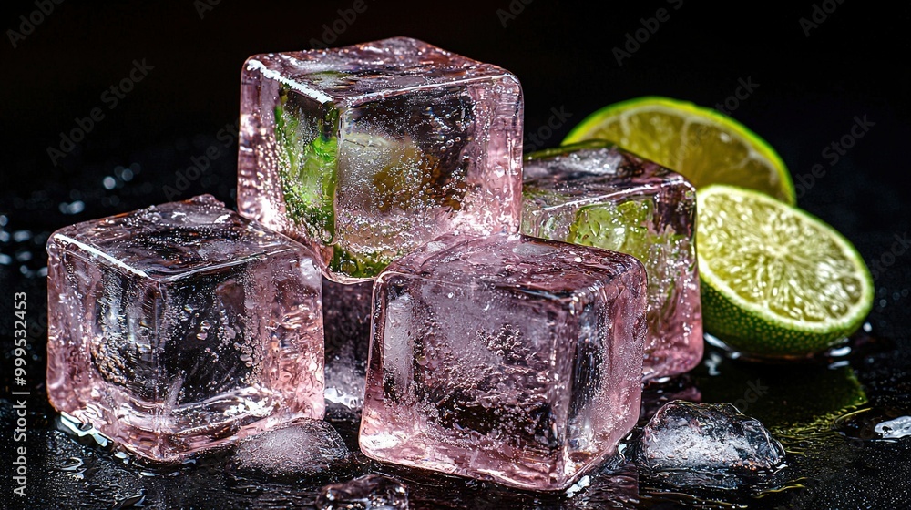 Aufkleber an array of ice cubes with a lime and a lime wedge beside them, positioned atop a table surface