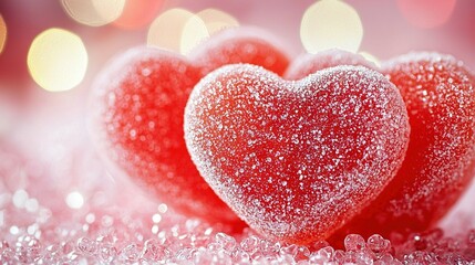 Obraz premium A pair of red hearts lie atop a mound of snow, illuminated by a nearby book of light
