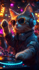 Feline DJ Spinning Lively Records at Neon Lit Club with Dancing Animals