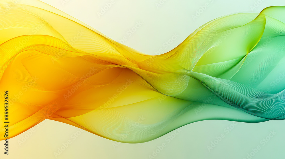 Poster dynamic transparent yellow green waves with smooth curves and shadows on minimal modern background, 
