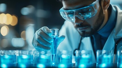 Lab scientist conducting experiments with glowing blue liquids, representing medical research, biotech innovation, and futuristic science