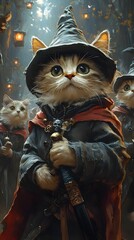 Fantastical Feline Knights and Wizards Adventuring in Enchanted Forest