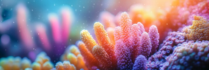 Fototapeta premium Underwater Coral Wonderland, a vivid display of colorful corals surrounded by a softly blurred aquatic background, showcasing marine beauty.
