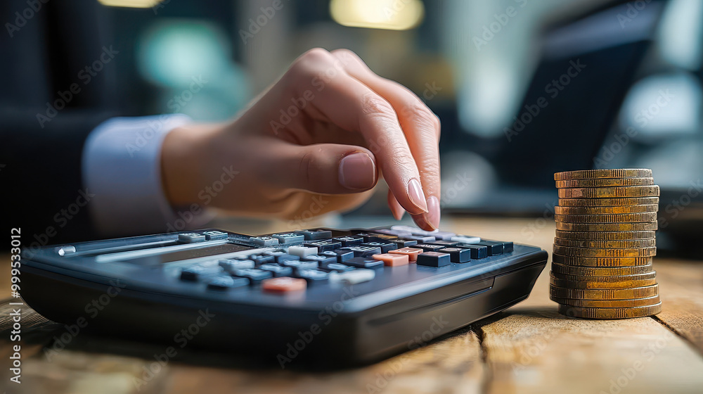 Poster Close-up of Businessperson's Hand Using Calculator for Financial Calculations with Stack of Coins in Office Setting Reflecting Budgeting and Accounting Concepts