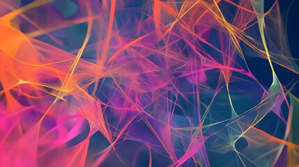 A chaotic web of intersecting lines and forms in bright colors 