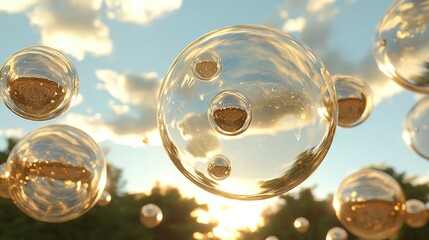   A group of floating bubbles with trees in the distance and a blue sky in the background
