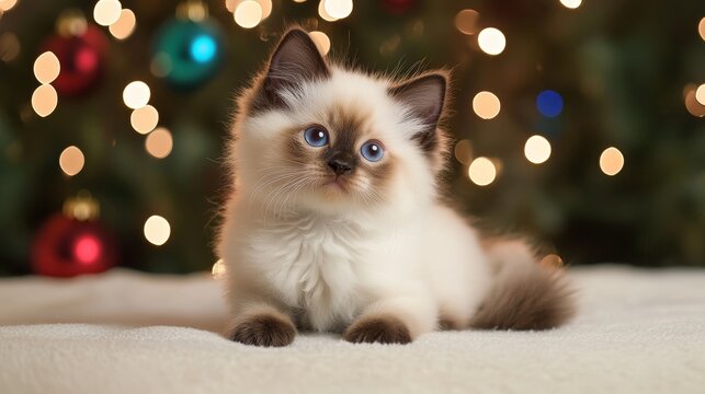 Seal point ragdoll purebred kitten posting with Christmas tree bokeh in background