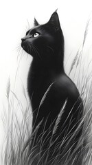 Sophisticated Black Cat Sitting Elegantly in Minimalist Ink Drawing