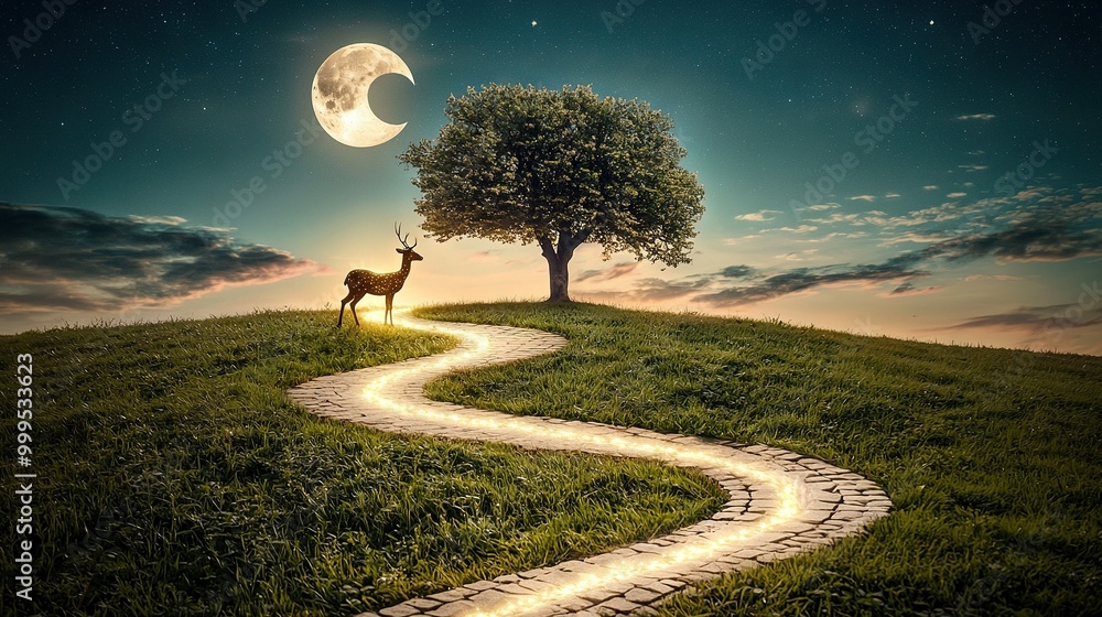 Poster a tree with a moon in the sky stands next to a deer on a branch