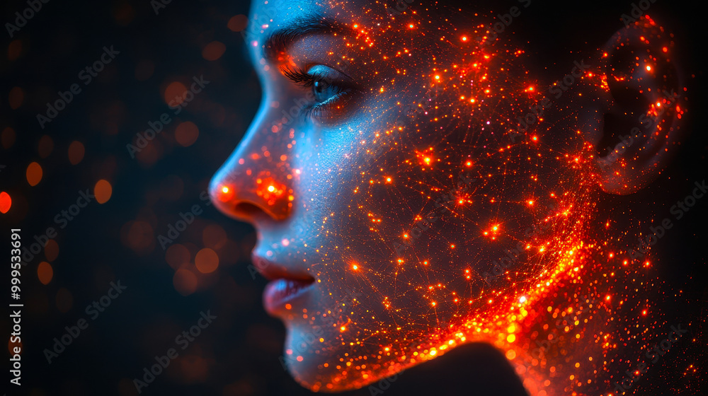 Poster side profile of animated human face illuminated by glowing neon network nodes and pathways on dark b