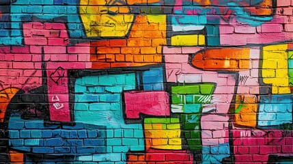 Colorful Abstract Graffiti Art on Urban Brick Wall with Geometric Shapes and Vibrant Hues