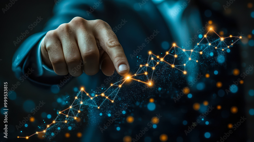 Aufkleber businessman pointing at arrow graph representing corporate future growth plan with innovative digita