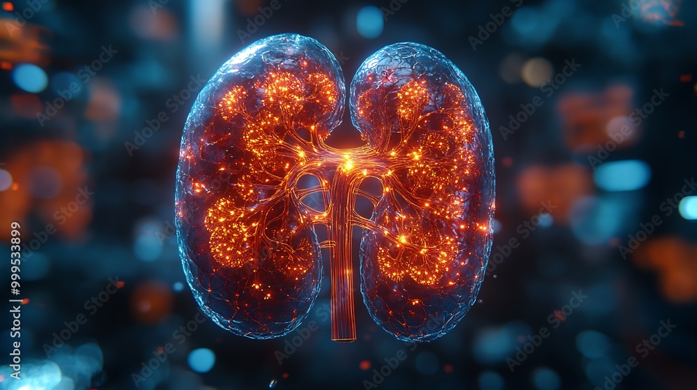 Aufkleber 3d rendering of human kidneys with glowing internal structures.