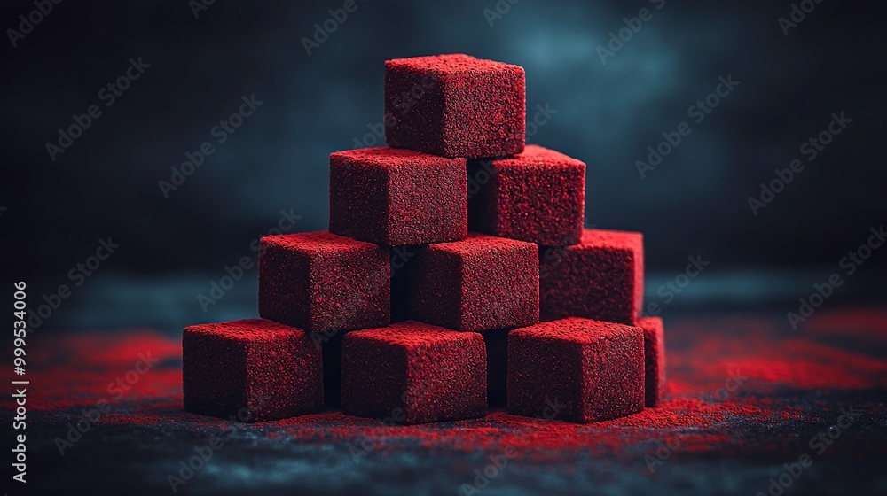 Poster a dark room with a red cube stack on a black table and a nearby red light illuminating it