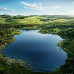 A serene lake bordered by vibrant green hills under a bright blue sky, capturing the beauty of nature and the tranquility of the landscape in a perfect spring day.