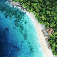 Aerial view of tropical beach with turquoise ocean, white sand shoreline, palm trees, and luxury huts, paradise island travel destination
