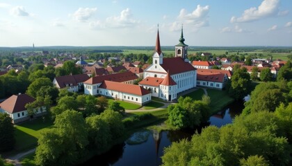 Fototapeta premium Elegant church nestled amidst lush greenery and tranquil waters