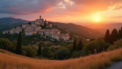 Fototapeta premium Sunset over a picturesque village on a hill