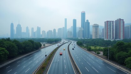 Fototapeta premium Cityscape with highway and skyscrapers under a cloudy sky