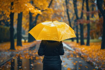 Rainy autumn day with golden leaves, umbrellas, and soft raindrops creating ripples.