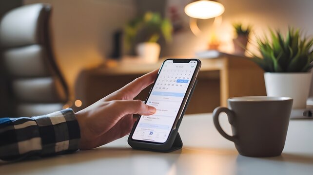 Person using calendar on smart phone, smartphone, screen checks calendar on application