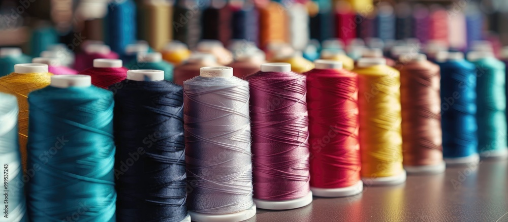 Poster a vibrant array of colored sewing thread spools lined up on a table showcasing materials for sewing 