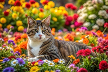Tabby cat with white paws resting in garden of colorful flowers