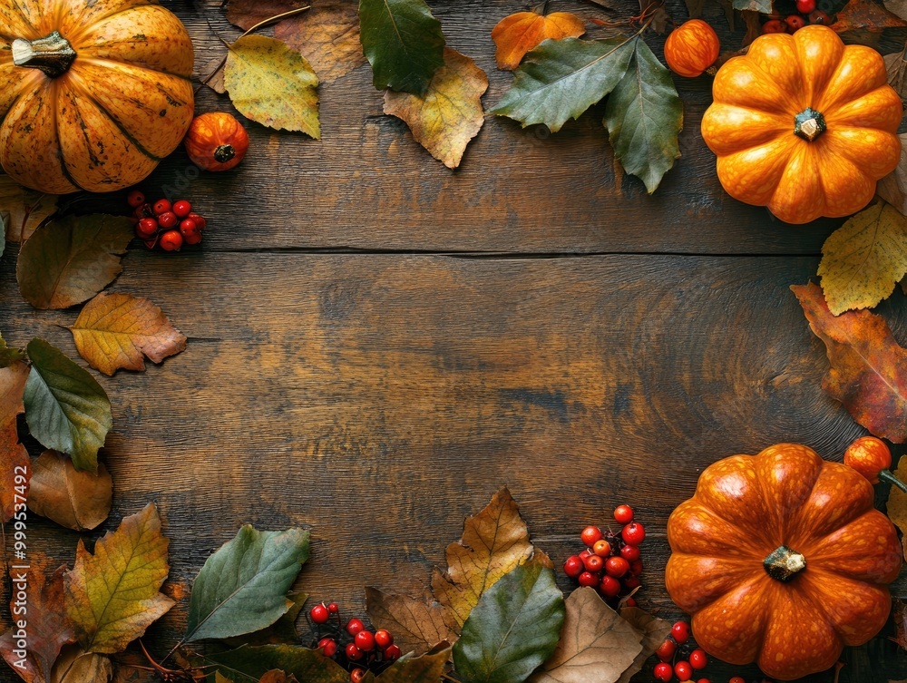 Sticker autumn greeting card with pumpkin leaves and berries on wooden table top view