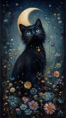 Sleek Black Cat Sitting Under Crescent Moon Surrounded by Swirling Night Blooming Flowers