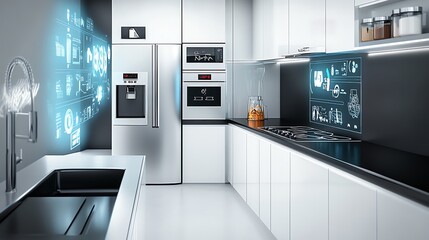 Modern kitchen interior with futuristic smart home technology interface.