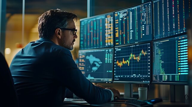 Business man trader big data analyst looking at computer monitor, stock broker analysing indexes, financial chart trading online on screen