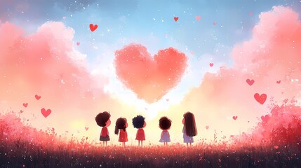 Obraz premium Vibrant Group of People in Field under Pink and Blue Sky