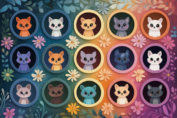 Cute cats in colorful frames on floral background, playful animal pattern, photo collage template