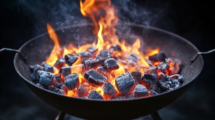Grill Pit With Glowing And Flaming Hot Charcoal. Glowing Hot Charcoal In Barbecue Grill Pit With Flames Background Texture Close up. Flaming Charcoal In BBQ Grill Isolated On Black Background.