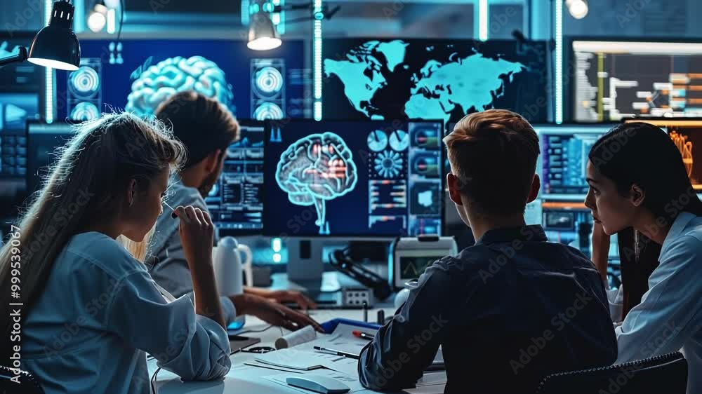 Poster four scientists are working in a futuristic laboratory, examining brain scan data displayed on multi