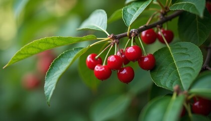 Obraz premium Bountiful harvest of ripe cherries on a tree branch