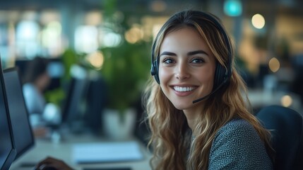 office employee working as a customer service agent, assisting clients through a phone call, wearing business casual attire, headset microphone positioned near her face