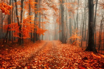 Cozy autumn scene with rain, vibrant leaves, wet streets, and golden trees.