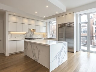 Modern kitchen with white cabinets, marble countertops, and stainless steel appliances.