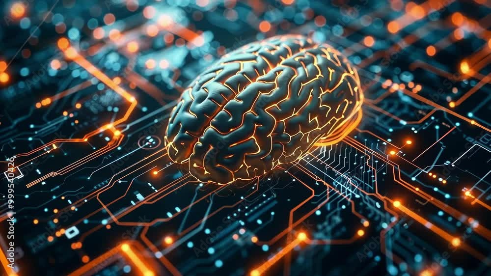 Poster 3d rendering of a brain glowing on top of a circuit board, symbolizing the power of artificial intel