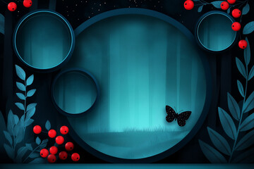 Photo collage template with abstract dark forest, glowing circular frames, and butterfly, teal and red colors, mystical night scene with copy space