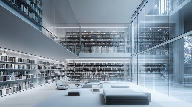 Modern library interior with glass walls and large bookshelves.