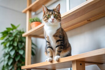 Curious cat sitting on wooden shelf looking out