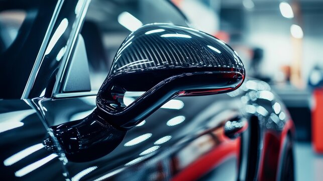 The process of installing PPF on the side of the car. PPF is a polyurethane protective film that protects the paint from scratches and gravel. Armored film on the car mirror. Car wrapping close up.