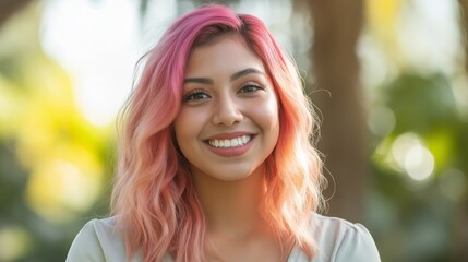 Obraz premium Joyful Woman with Vibrant Pink Hair Smiling Outdoors Diversity, Happiness, Positive Emotions, Summer Vibes Design for Print, Card, Poster