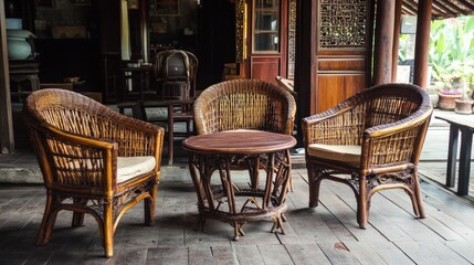 Wicker Chairs on a Wooden Porch