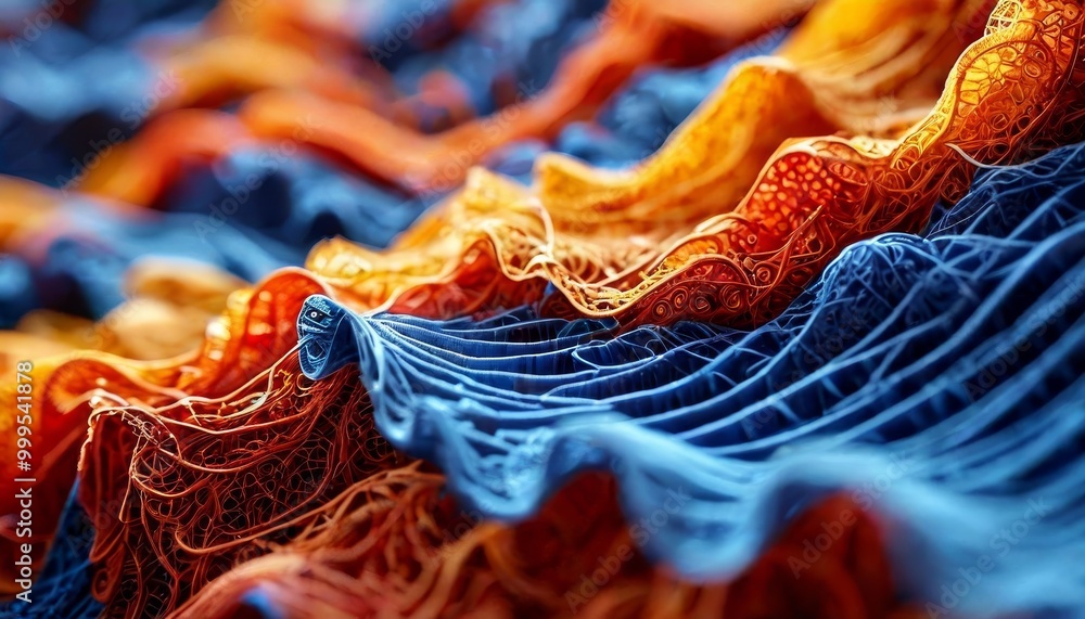 Poster a detailed close-up of fabric layers with intricate textures in blue and orange tones. the abstract 